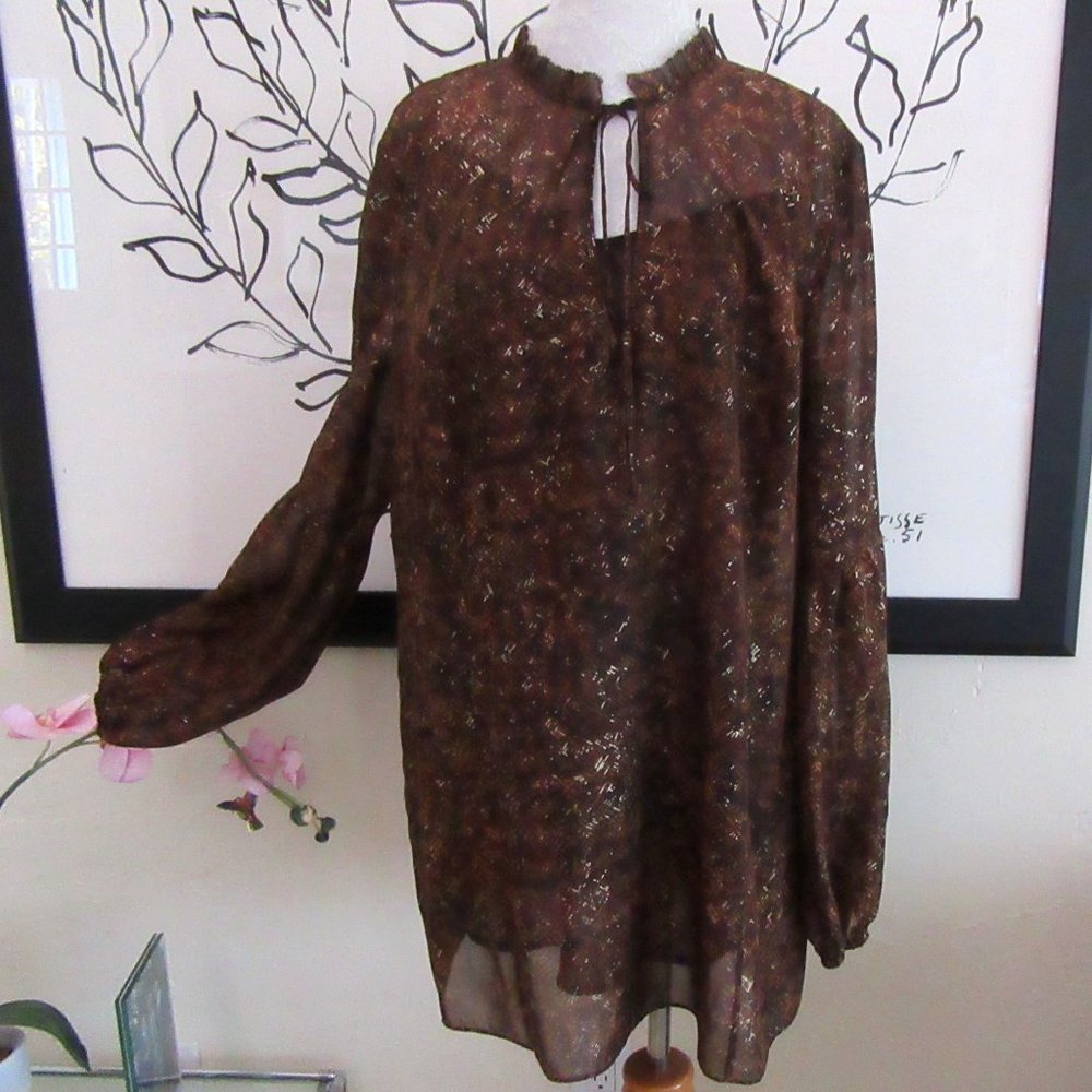 DKNYC sheer brown & metallic gold tunic top with brown cami - L/XL